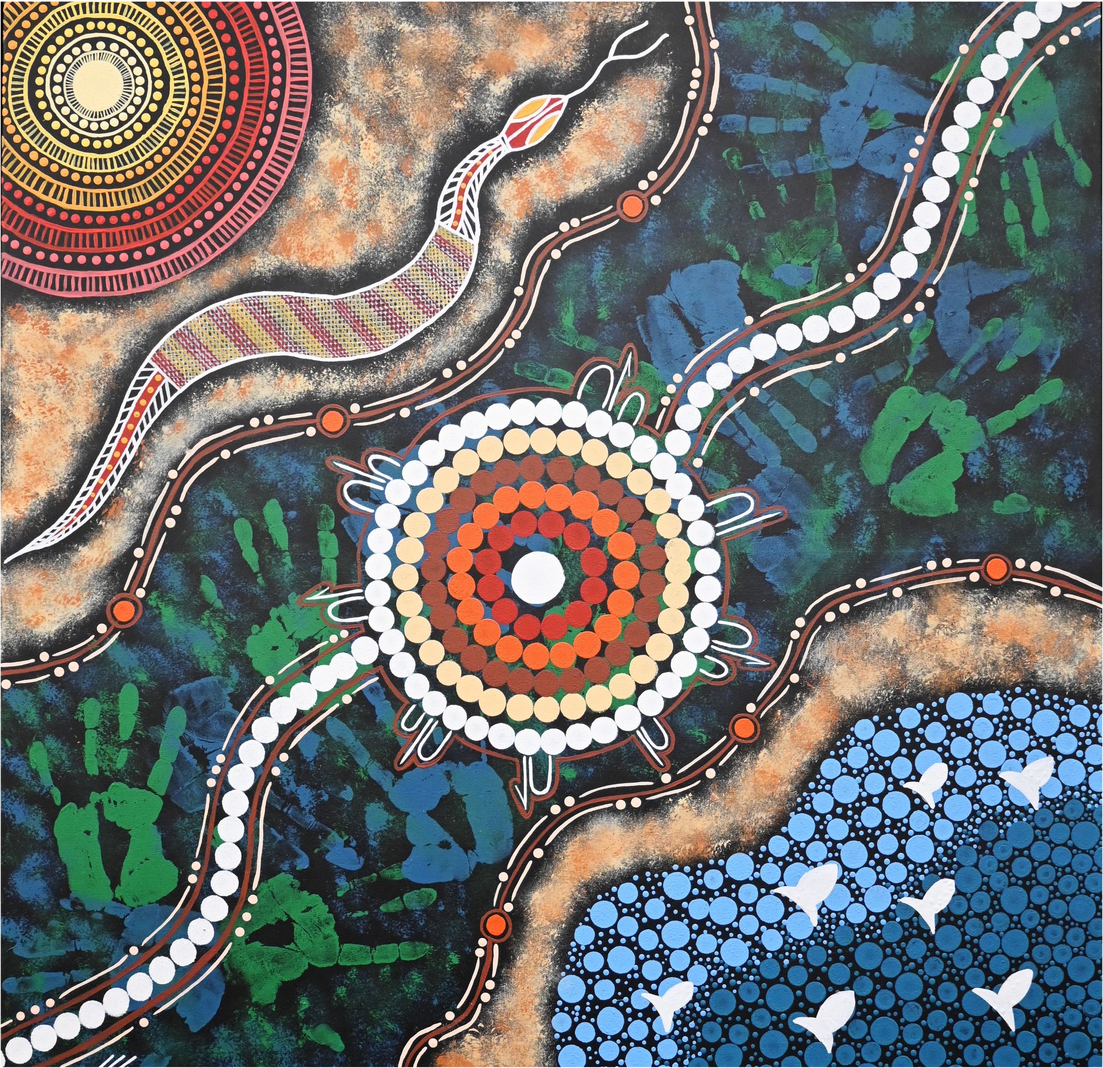 Aboriginal-style painting featuring dotted circular patterns, a snake motif, handprint shapes, and flowing dotted lines