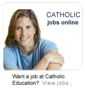 Person seated and looking toward the camera with the words ‘Catholic jobs online’ shown beside the image